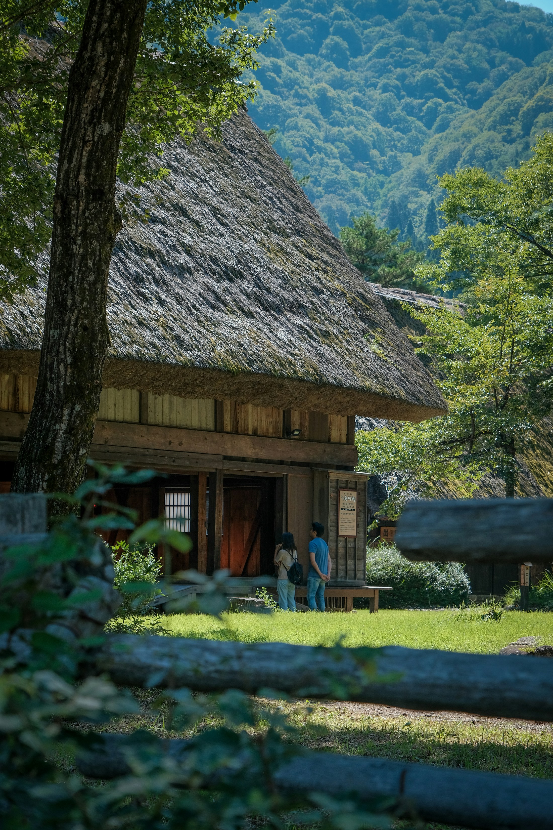 A traditional Japanese countryside house framed by forested mountains